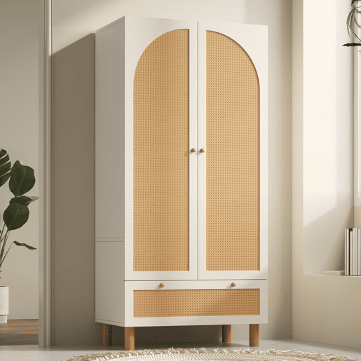 Armário roupeiro 180x85x52 cm - 2 portas, gaveta grande, prateleiras ajustáveis, rattan - Branco Armário roupeiro 180x85x52 cm - 2 portas, gaveta grande, prateleiras ajustáveis, rattan - Branco