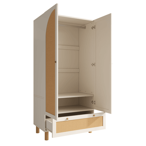 Armário roupeiro 180x85x52 cm - 2 portas, gaveta grande, prateleiras ajustáveis, rattan - Branco Armário roupeiro 180x85x52 cm - 2 portas, gaveta grande, prateleiras ajustáveis, rattan - Branco