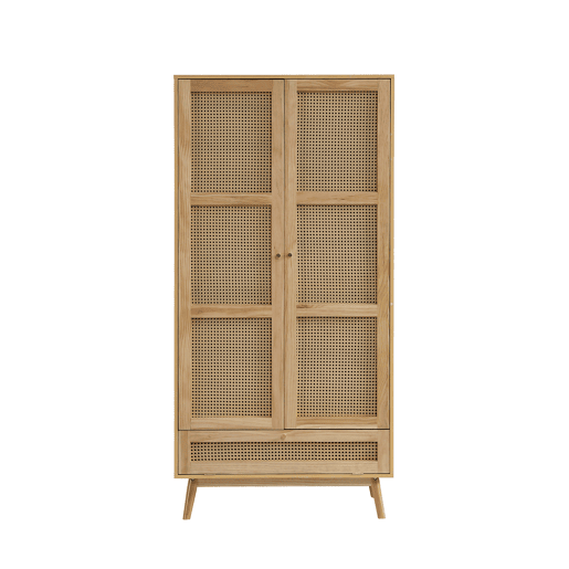 Armário com barra e 2 portas - Com tampa inferior rebatível, design em vime - Cor natural