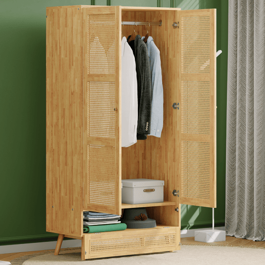 Armário com barra e 2 portas - Com tampa inferior rebatível, design em vime - Cor natural