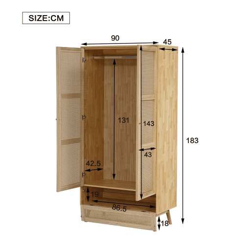 Armário com barra e 2 portas - Com tampa inferior rebatível, design em vime - Cor natural