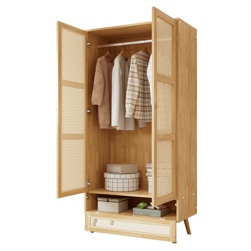 Armário com barra e 2 portas - Com tampa inferior rebatível, design em vime - Cor natural