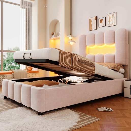 Cama estofada 90x200 cm - Sem colchão, LED, hidráulica, cabeceira ajustável, Veludo, Rosa