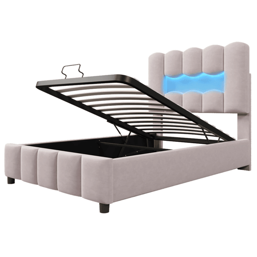 Cama estofada 90x200 cm - Sem colchão, LED, hidráulica, cabeceira ajustável, Veludo, Rosa