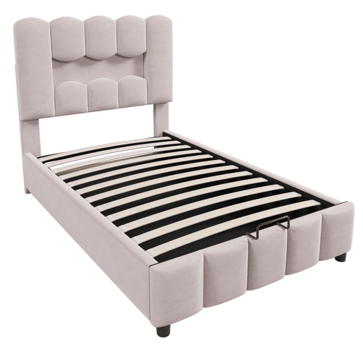 Cama estofada 90x200 cm - Sem colchão, LED, hidráulica, cabeceira ajustável, Veludo, Rosa