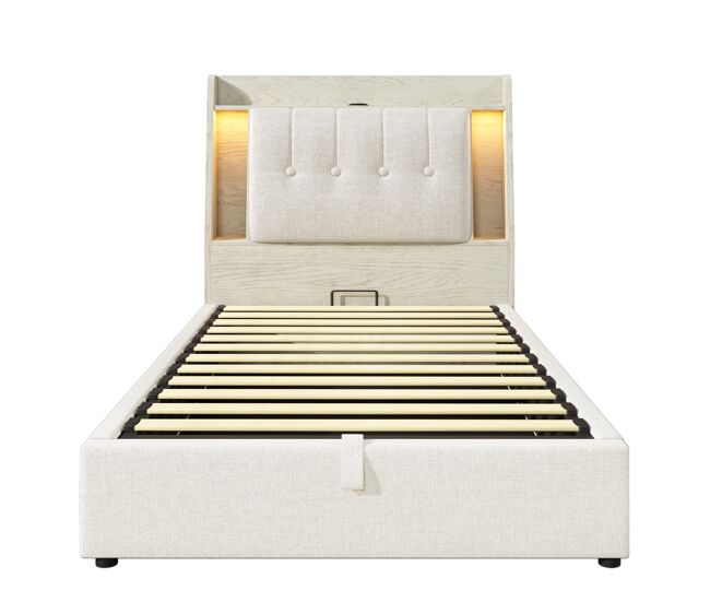 Cama tapizada 90x200 cm - con carga usb tipo-c, almacenamiento multifuncional, led, beige
