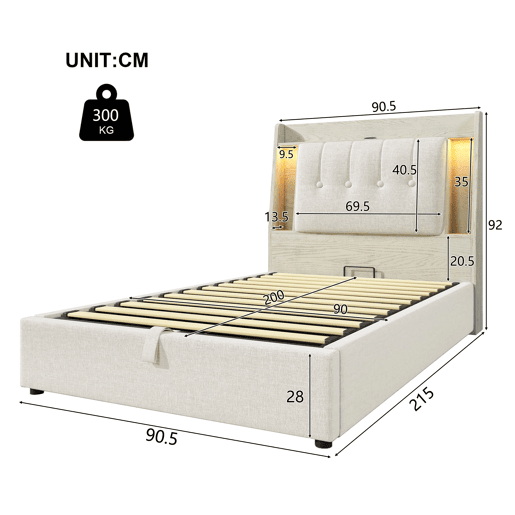 Cama estofada 90x200 cm - Com carregamento USB Tipo C, armazenamento multifuncional, LED, bege
