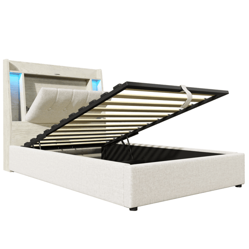 Cama estofada 90x200 cm - Com carregamento USB Tipo C, armazenamento multifuncional, LED, bege
