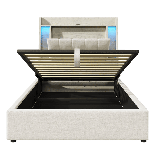 Cama estofada 90x200 cm - Com carregamento USB Tipo C, armazenamento multifuncional, LED, bege