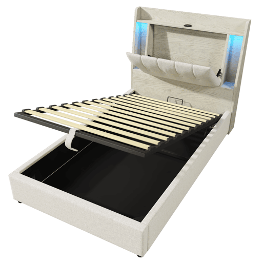 Cama estofada 90x200 cm - Com carregamento USB Tipo C, armazenamento multifuncional, LED, bege