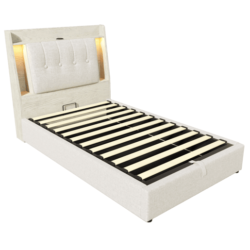 Cama estofada 90x200 cm - Com carregamento USB Tipo C, armazenamento multifuncional, LED, bege