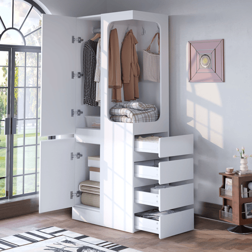 Armário 70x40x170 cm - com gavetas e compartimentos, área aberta para roupas, 1 porta - Branco Armário 70x40x170 cm - com gavetas e compartimentos, área aberta para roupas, 1 porta - Branco