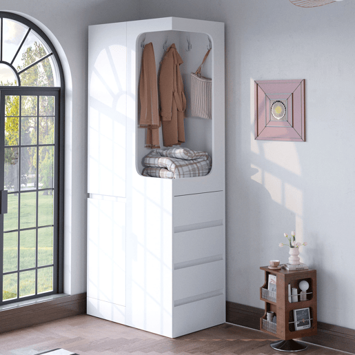Armário 70x40x170 cm - com gavetas e compartimentos, área aberta para roupas, 1 porta - Branco Armário 70x40x170 cm - com gavetas e compartimentos, área aberta para roupas, 1 porta - Branco