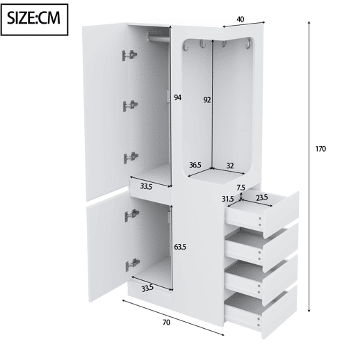 Armário 70x40x170 cm - com gavetas e compartimentos, área aberta para roupas, 1 porta - Branco Armário 70x40x170 cm - com gavetas e compartimentos, área aberta para roupas, 1 porta - Branco