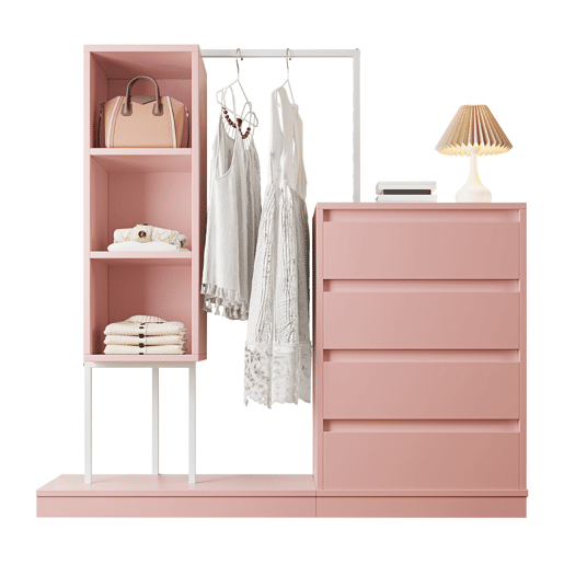 Armário com gavetas 140x40x135 cm - Com barra para roupa, estilo aparador - Rosa