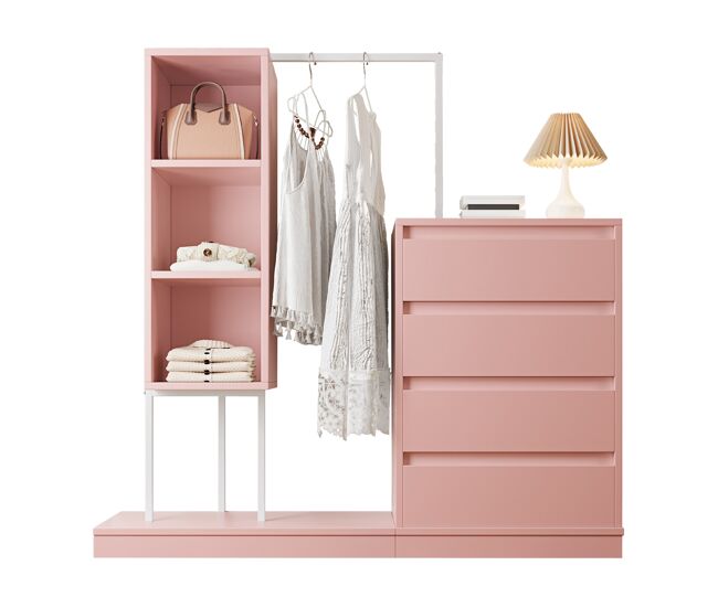 Armario con cajones 140x40x135 cm - con barra para ropa, estilo sideboard - rosa