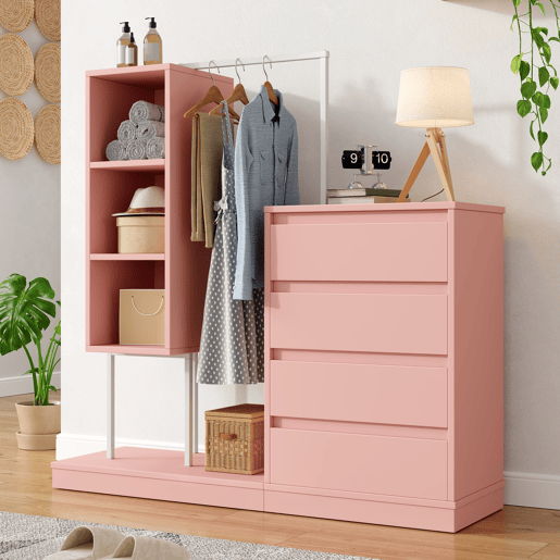 Armário com gavetas 140x40x135 cm - Com barra para roupa, estilo aparador - Rosa