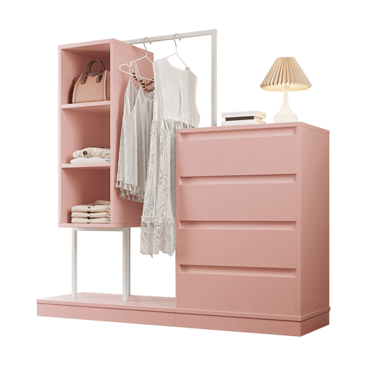 Armário com gavetas 140x40x135 cm - Com barra para roupa, estilo aparador - Rosa