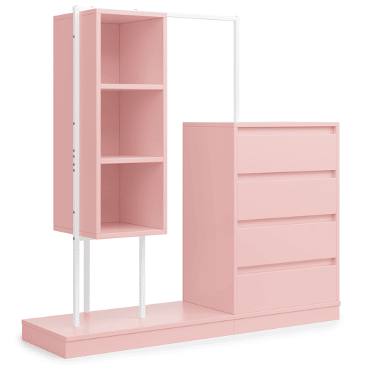 Armário com gavetas 140x40x135 cm - Com barra para roupa, estilo aparador - Rosa