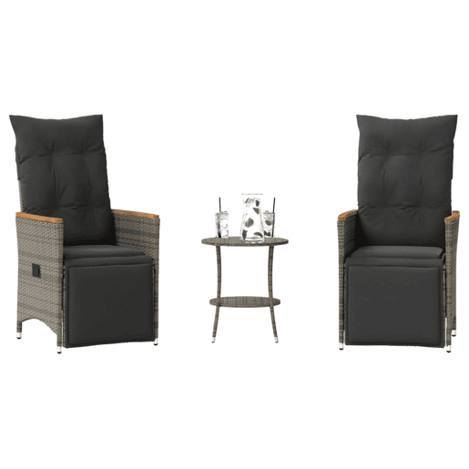 3 pcs conjunto bistrô - cadeiras de jardim - Cadeiras de exterior com almofadões vime PE cinza