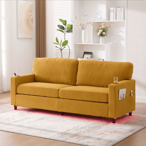 Sofá de chenille de 2 lugares - USB-C, iluminação LED, porta-copos, bolsos - Amarelo mostarda