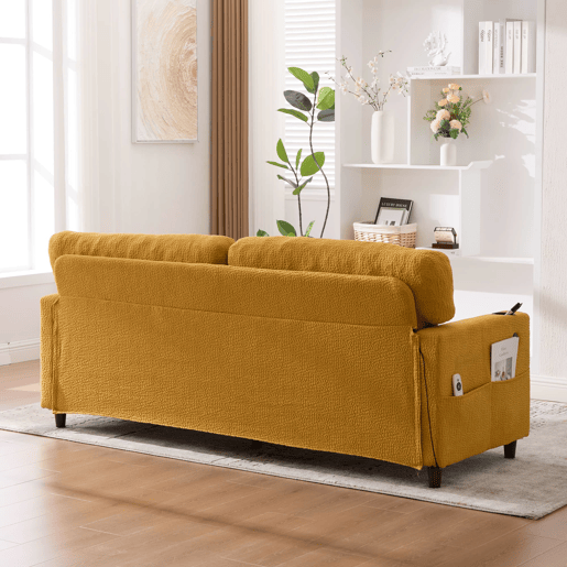 Sofá de chenille de 2 lugares - USB-C, iluminação LED, porta-copos, bolsos - Amarelo mostarda