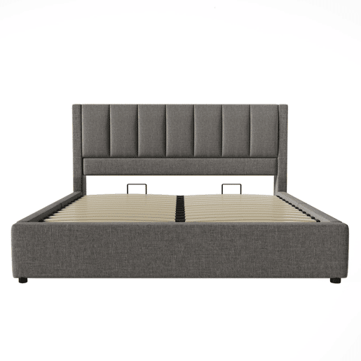 Cama estofada 160x200 cm - Com arrumação, carregador e porta-copos - Cinza