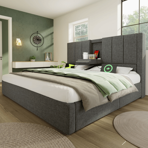 Cama estofada 160x200 cm - Com arrumação, carregador e porta-copos - Cinza
