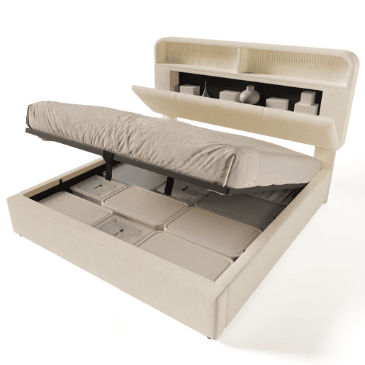 Cama estofada 180x200 cm - Cabeceira ajustável com espaço de armazenamento, LED, USBType-C, bege