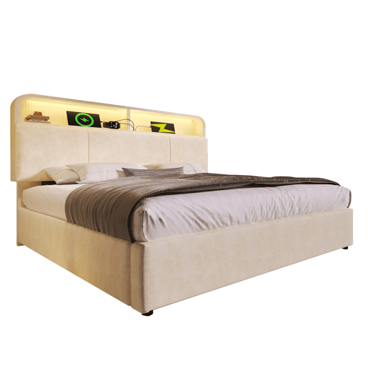 Cama estofada 180x200 cm - Cabeceira ajustável com espaço de armazenamento, LED, USBType-C, bege