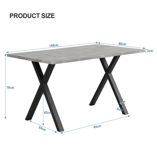 Mesa de jantar 140x80 cm - design moderno com pernas cruzadas - cinza e preto