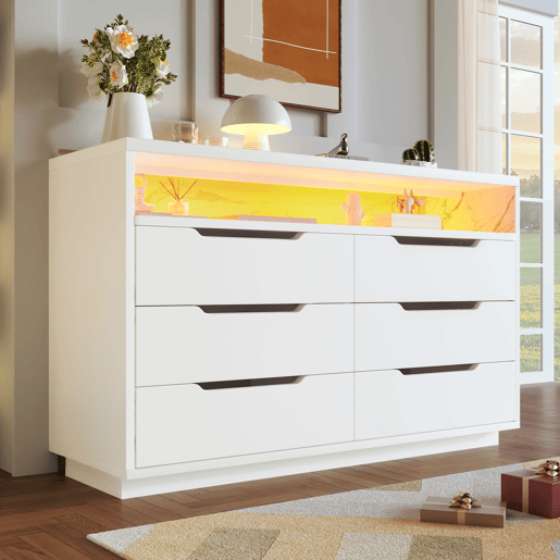 Aparador 120x40x85 cm - Com iluminação LED, 6 gavetas, design moderno, branco