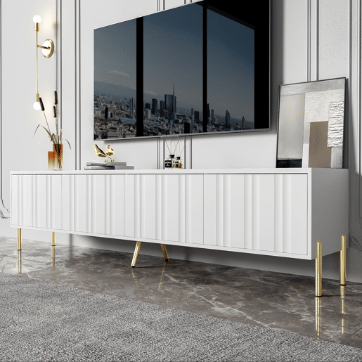 Móvel de TV 190x38x48 cm - Portas com ranhuras, pés dourados - Branco