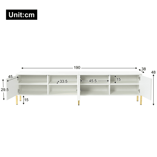 Móvel de TV 190x38x48 cm - Portas com ranhuras, pés dourados - Branco