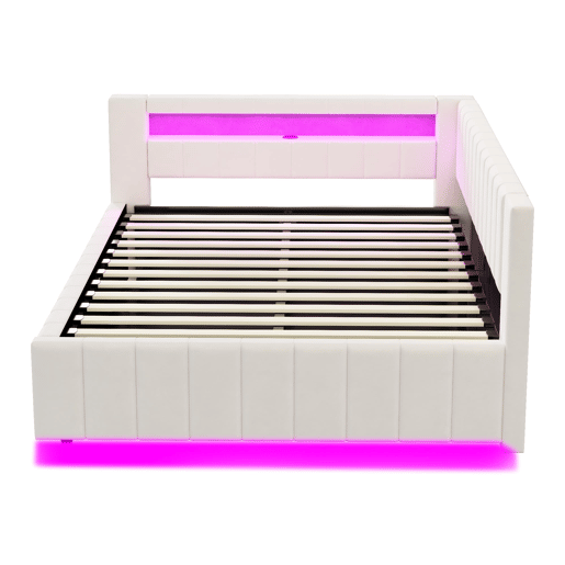 Sofá-cama 140x200 - Com armazenamento hidráulico, luz LED, porta USB, encosto e cabeceira, tecido de veludo bege Sofá-cama 140x200 - Com armazenamento hidráulico, luz LED, porta USB, encosto e cabeceira, tecido de veludo bege