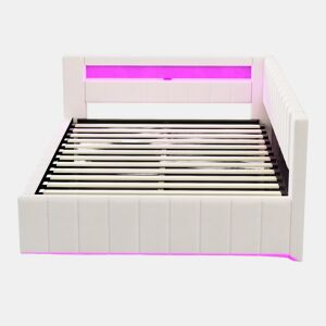 Sofá-cama 140x200 - Com armazenamento hidráulico, luz LED, porta USB, encosto e cabeceira, tecido de veludo bege