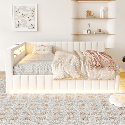 Sofá-cama 140x200 - Com armazenamento hidráulico, luz LED, porta USB, encosto e cabeceira, tecido de veludo bege Sofá-cama 140x200 - Com armazenamento hidráulico, luz LED, porta USB, encosto e cabeceira, tecido de veludo bege
