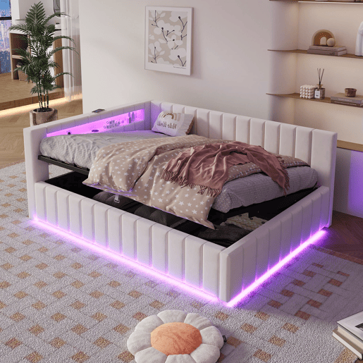 Sofá-cama 140x200 - Com armazenamento hidráulico, luz LED, porta USB, encosto e cabeceira, tecido de veludo bege Sofá-cama 140x200 - Com armazenamento hidráulico, luz LED, porta USB, encosto e cabeceira, tecido de veludo bege