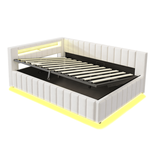 Sofá-cama 140x200 - Com armazenamento hidráulico, luz LED, porta USB, encosto e cabeceira, tecido de veludo bege Sofá-cama 140x200 - Com armazenamento hidráulico, luz LED, porta USB, encosto e cabeceira, tecido de veludo bege