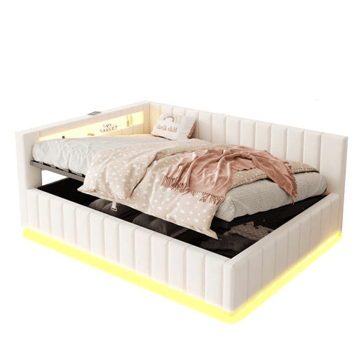 Sofá-cama 140x200 - Com armazenamento hidráulico, luz LED, porta USB, encosto e cabeceira, tecido de veludo bege Sofá-cama 140x200 - Com armazenamento hidráulico, luz LED, porta USB, encosto e cabeceira, tecido de veludo bege