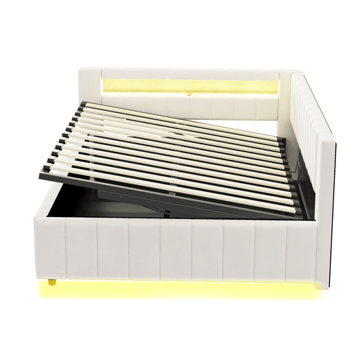 Sofá-cama 140x200 - Com armazenamento hidráulico, luz LED, porta USB, encosto e cabeceira, tecido de veludo bege Sofá-cama 140x200 - Com armazenamento hidráulico, luz LED, porta USB, encosto e cabeceira, tecido de veludo bege