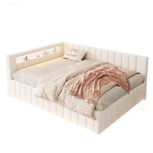 Sofá-cama 140x200 - Com armazenamento hidráulico, luz LED, porta USB, encosto e cabeceira, tecido de veludo bege Sofá-cama 140x200 - Com armazenamento hidráulico, luz LED, porta USB, encosto e cabeceira, tecido de veludo bege