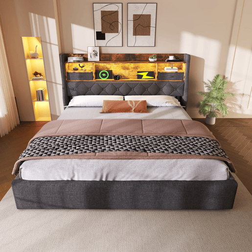 Cama hidráulica 160x200 cm - Com arrumação, cabeceira LED, 4 portas USBType-C, cinzenta