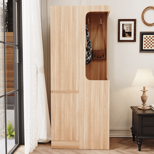 Armário 70x40x170 cm - 1 porta com gavetas e espaço aberto para roupa - Madeira Natural