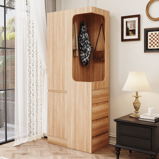 Armário 70x40x170 cm - 1 porta com gavetas e espaço aberto para roupa - Madeira Natural