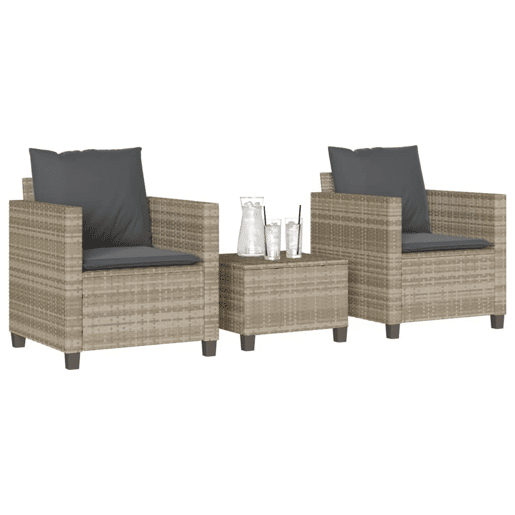 3 pcs conjunto bistrô - cadeiras de jardim - Cadeiras de exterior com almofadões vime PE cinzento claro