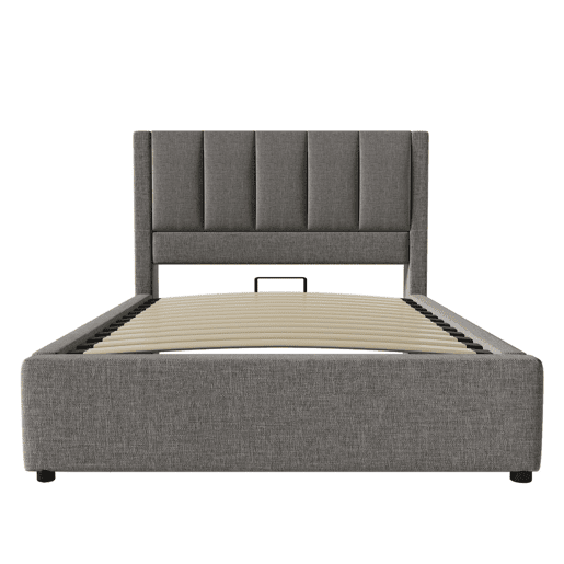 Cama estofada 90x200 cm - Com porta-copos oculto e estação de carregamento - Linho cinzento