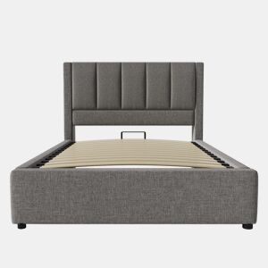 Cama estofada 90x200 cm - Com porta-copos oculto e estação de carregamento - Linho cinzento