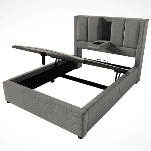 Cama estofada 90x200 cm - Com porta-copos oculto e estação de carregamento - Linho cinzento