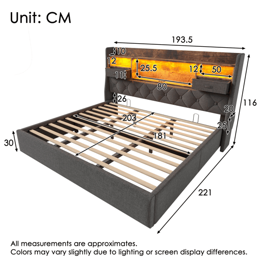 Cama hidráulica 180x200 cm - Com arrumação, cabeceira LED, 4 portas USBType-C, cinzenta